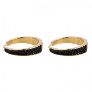 BLACK LEATHER HOOP EARRING LARGE GOLD PLATED GOLD