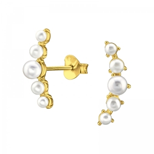 GEBOGEN OORSTEKERTJE MET 5 PARELS - 925 SILVER EAR STUDS - GOUD VERGULD + E-COAT GOLD