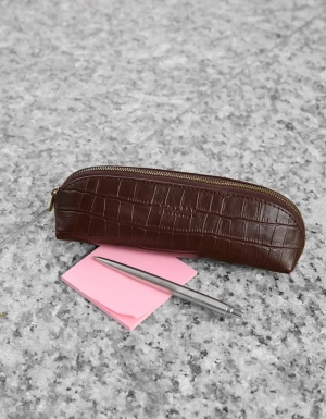 PENCIL CASE SMALL CHOCOLATE CROCO PRINT LEATHER CHOCOLATE